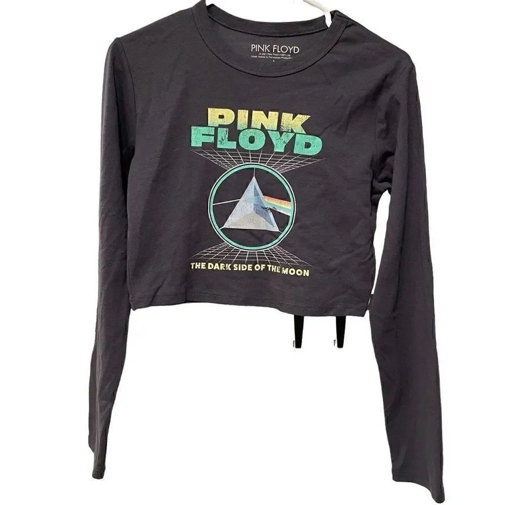 Pink Floyd Top Womens L Long Sleeve Cropped Band TShirt Blue Gray Dark Side Moon